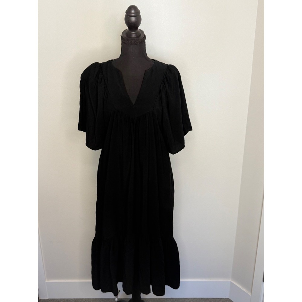 Anthropologie The Korner Black Tiered Midi Dress V-Neck Puff Sleeve Pockets L